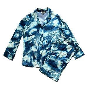 Open Edit Blue White Tie-Dye Long Sleeve Pant Pajama Set Size XS